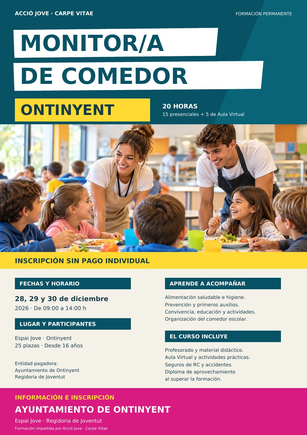 Cartel Monitor de Comedor de Ontinyent: 28, 29 y 30 de diciembre de 2026. Inscripciones en el Ayuntamiento.